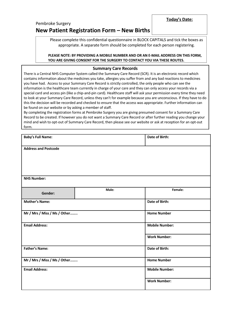 New Patient Registration Form New Births