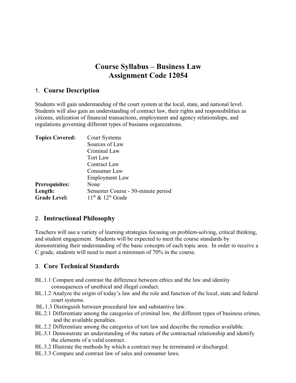 Course Syllabus Business Law