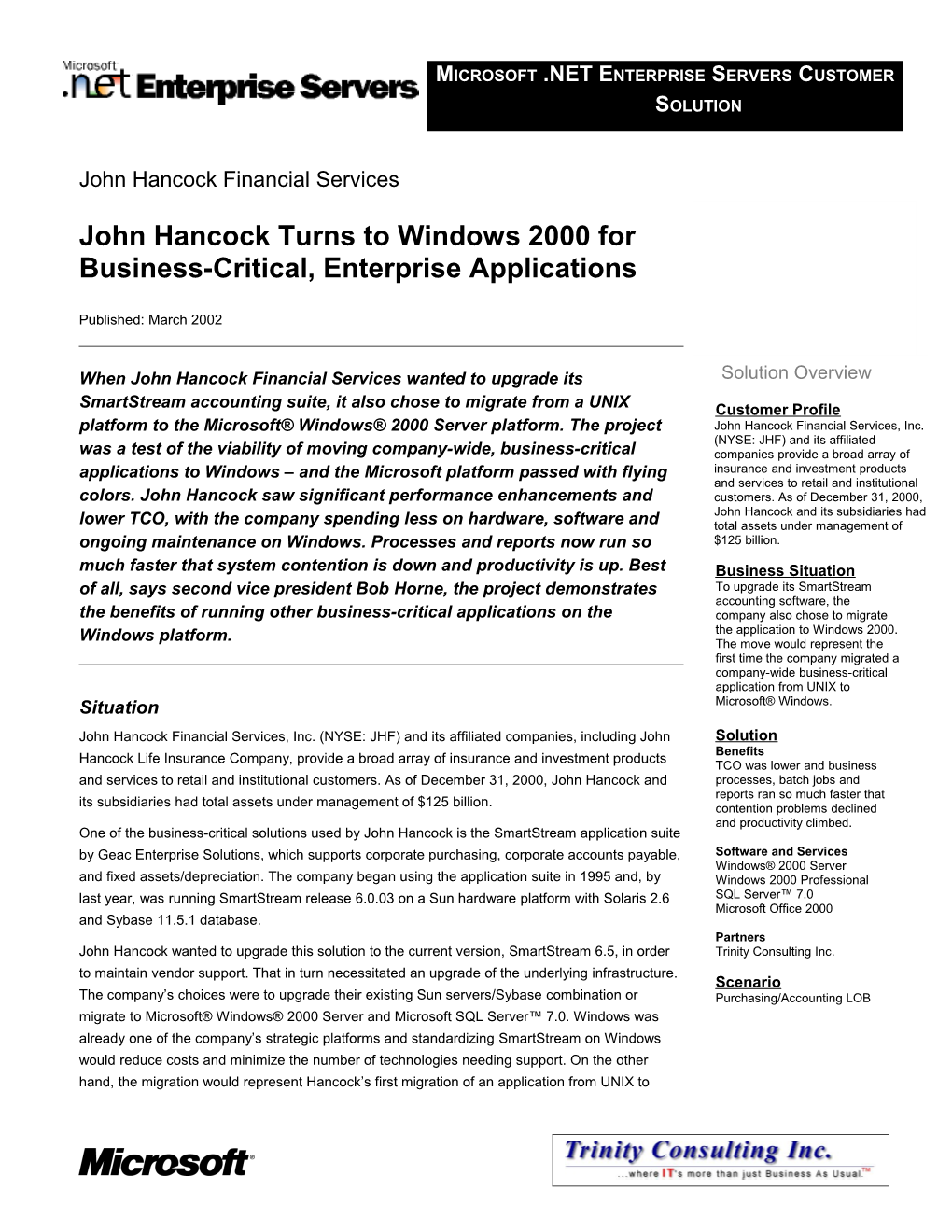 John Hancock Turns to Windows 2000 for Business-Critical, Enterprise Applications