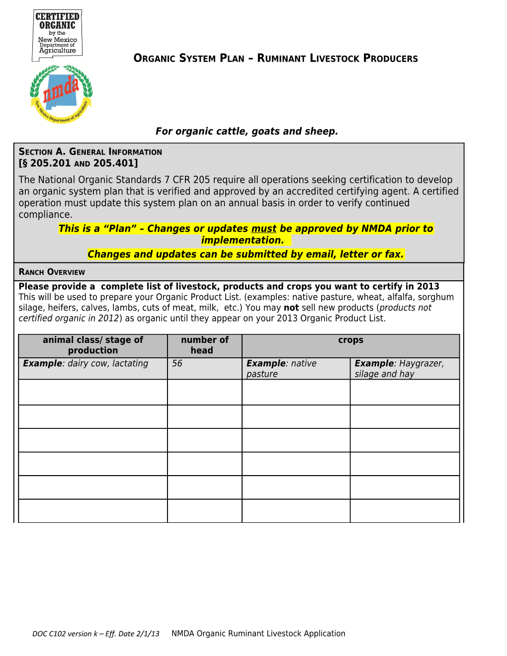 This Form Is to Be Used for Producers of Organic Ruminant Livestock (Bovine (Dairy, Beef