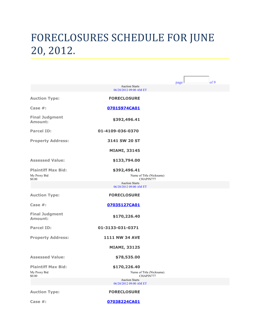 Foreclosures Schedule for June 20, 2012