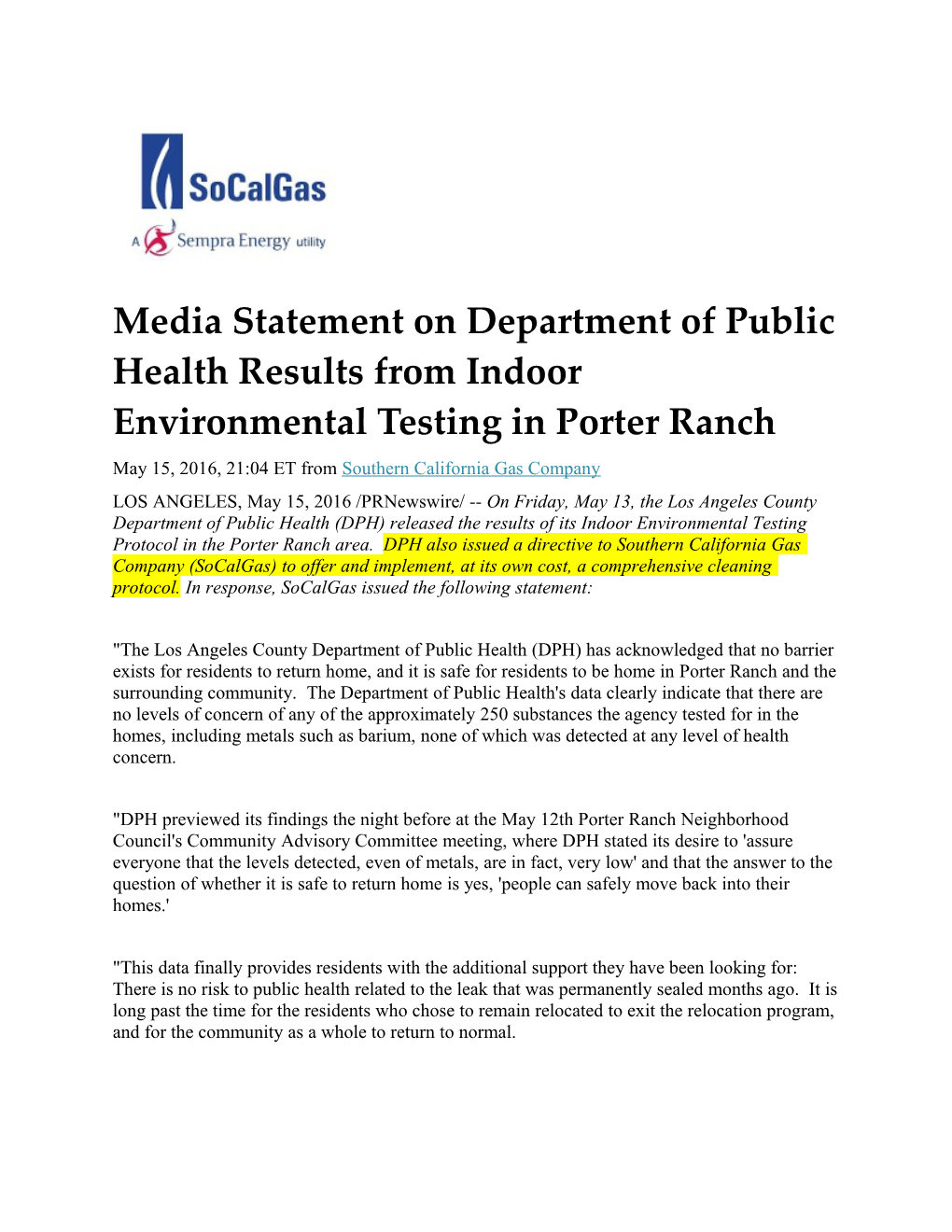 Media Statement on Department of Public Health Results from Indoor Environmental Testing