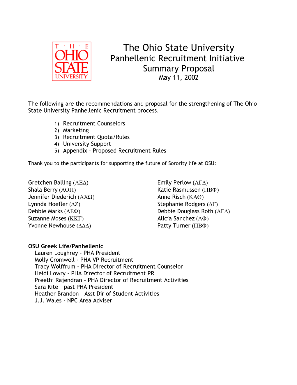 The Following Are the Recommendations and Proposal for the Strengthening of the Ohio State