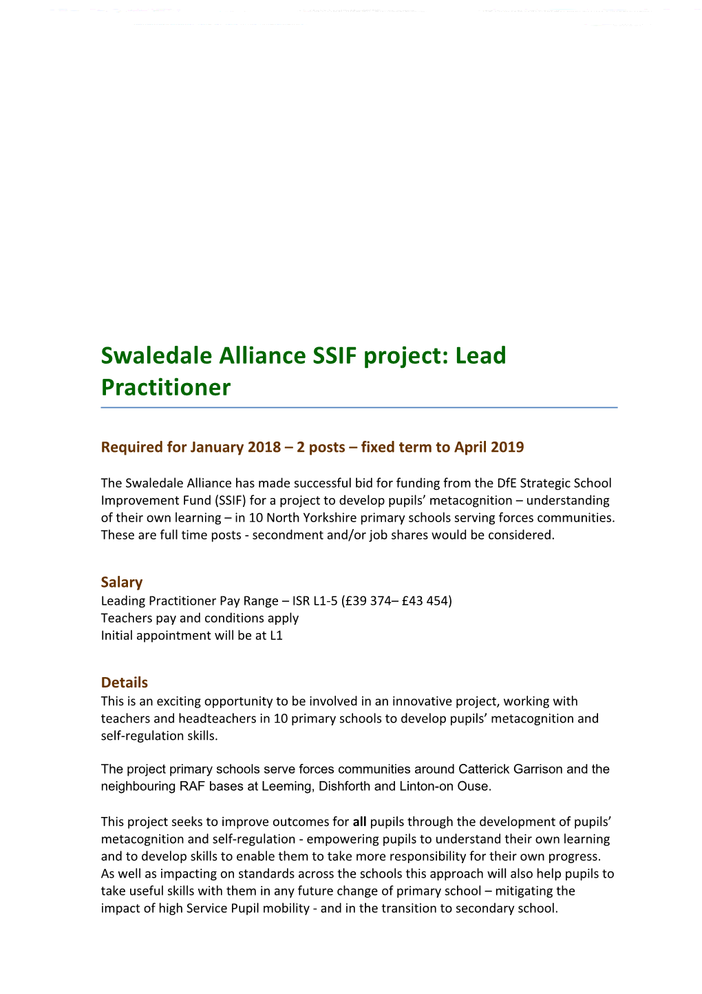 Swaledale Alliance SSIF Project: Lead Practitioner