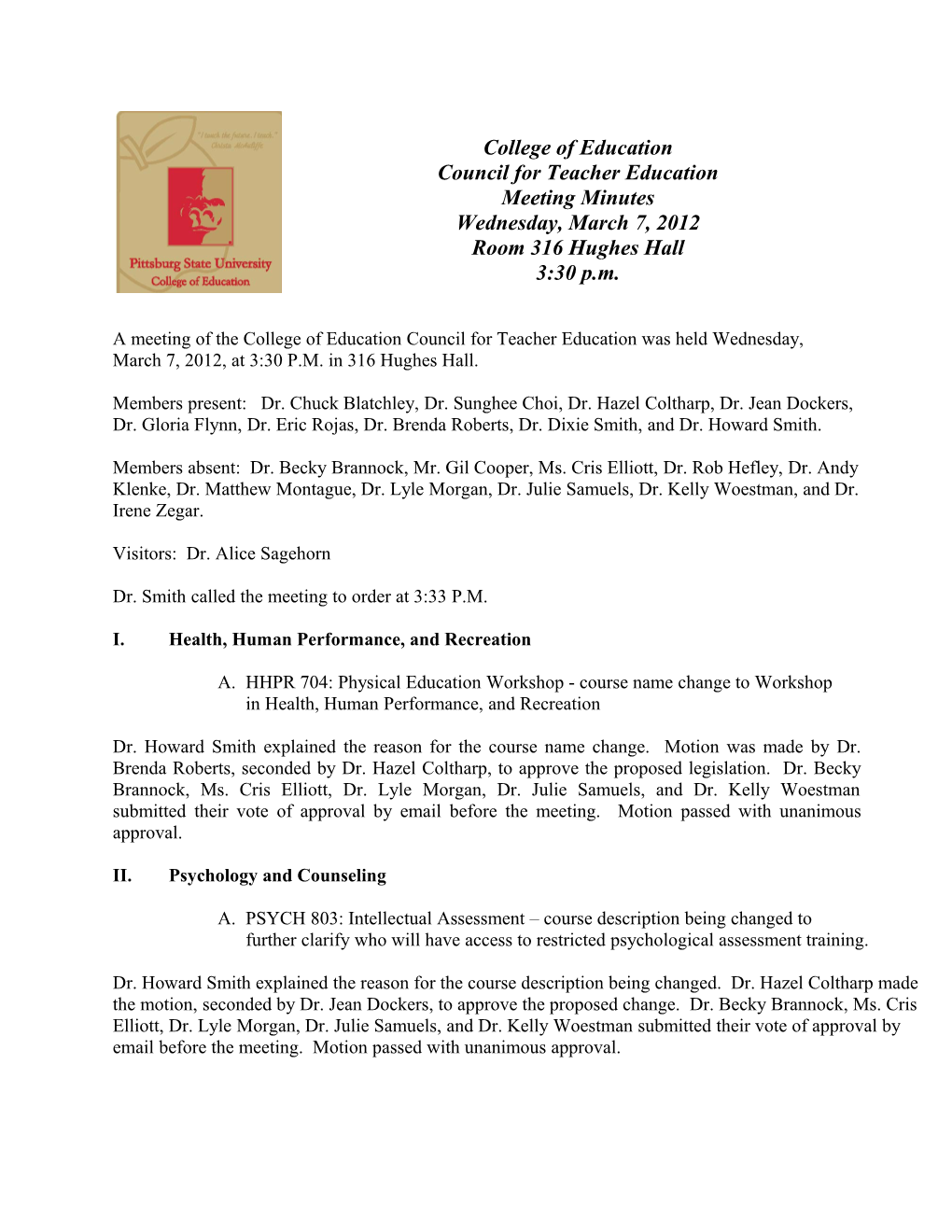 Council for Teacher Education Minutes March 7, 2012 Page 2