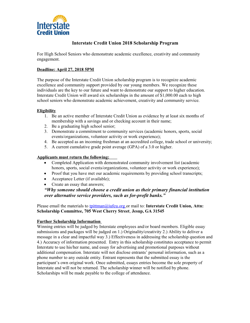 Interstate Credit Union 2018Scholarship Program