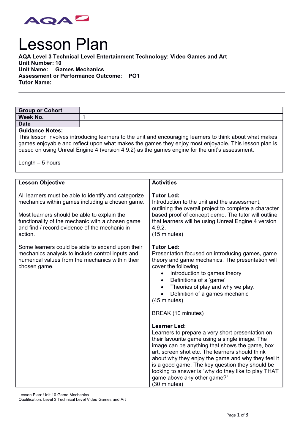 AQA Level 3 Technical Level Entertainment Technology: Video Games and Art