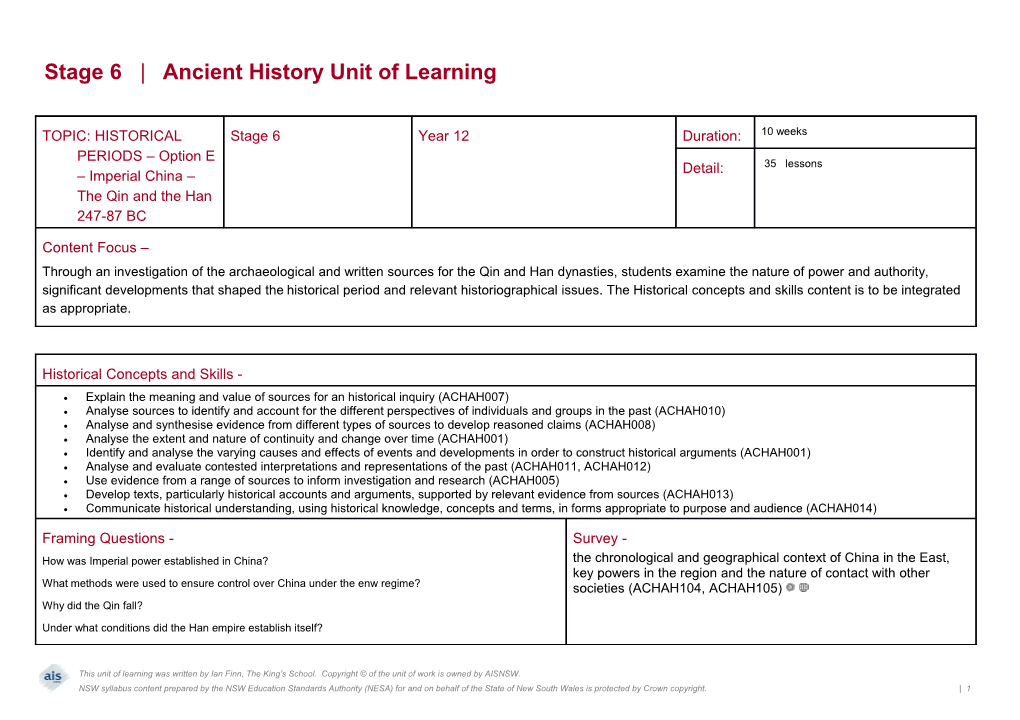 Stage 6 Ancienthistory Unit of Learning