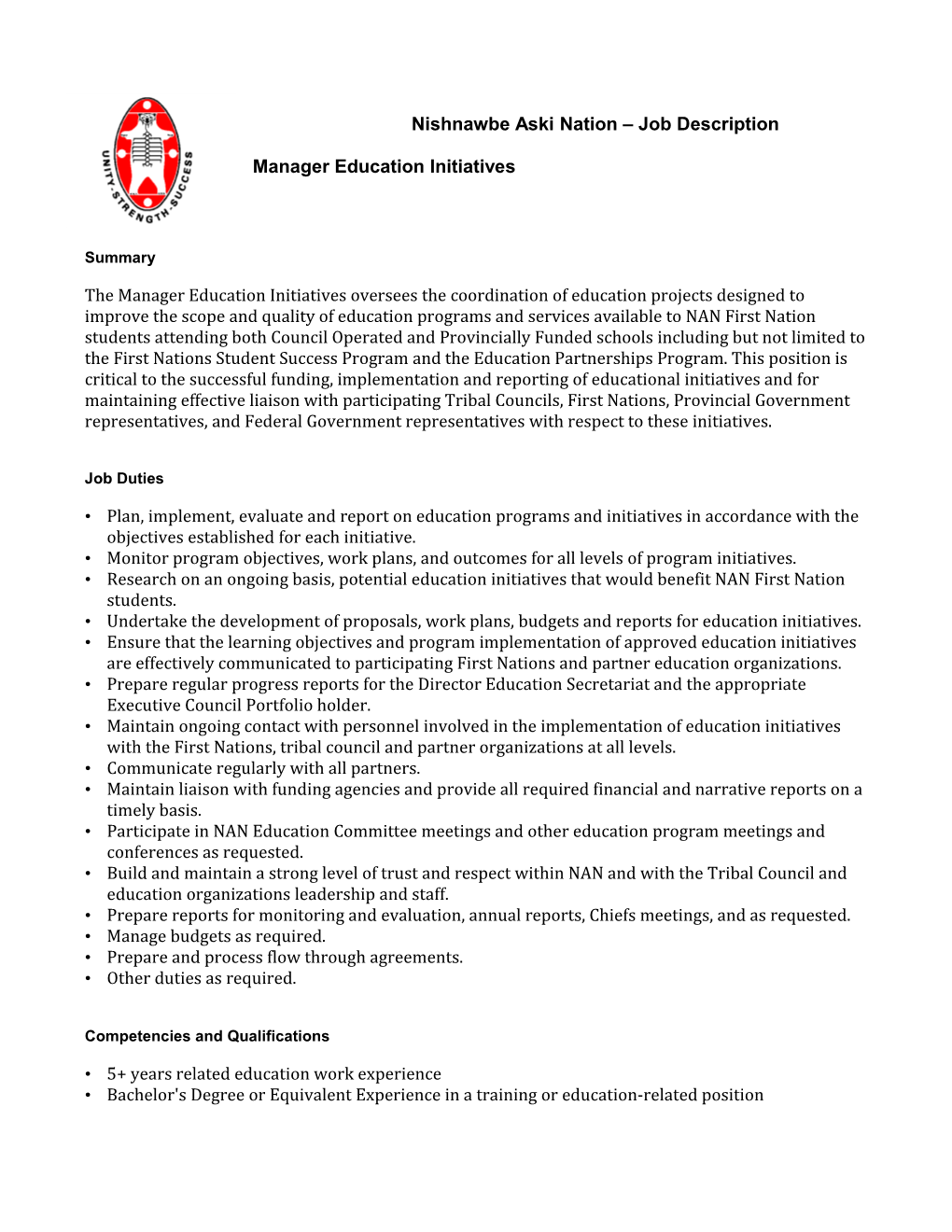 Nishnawbe Aski Nation Job Description