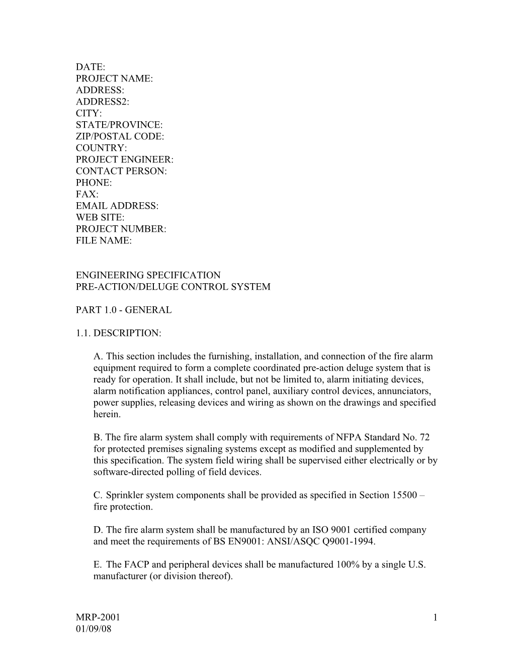 MRP2001 Deluge/Preaction Control Panel (Microsoft Word Format)