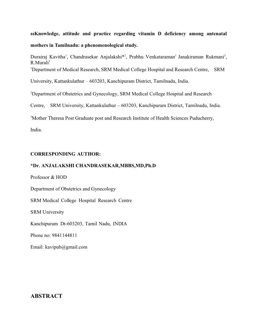 Ssknowledge, Attitude and Practice Regarding Vitamin D Deficiency Among Antenatal Mothers