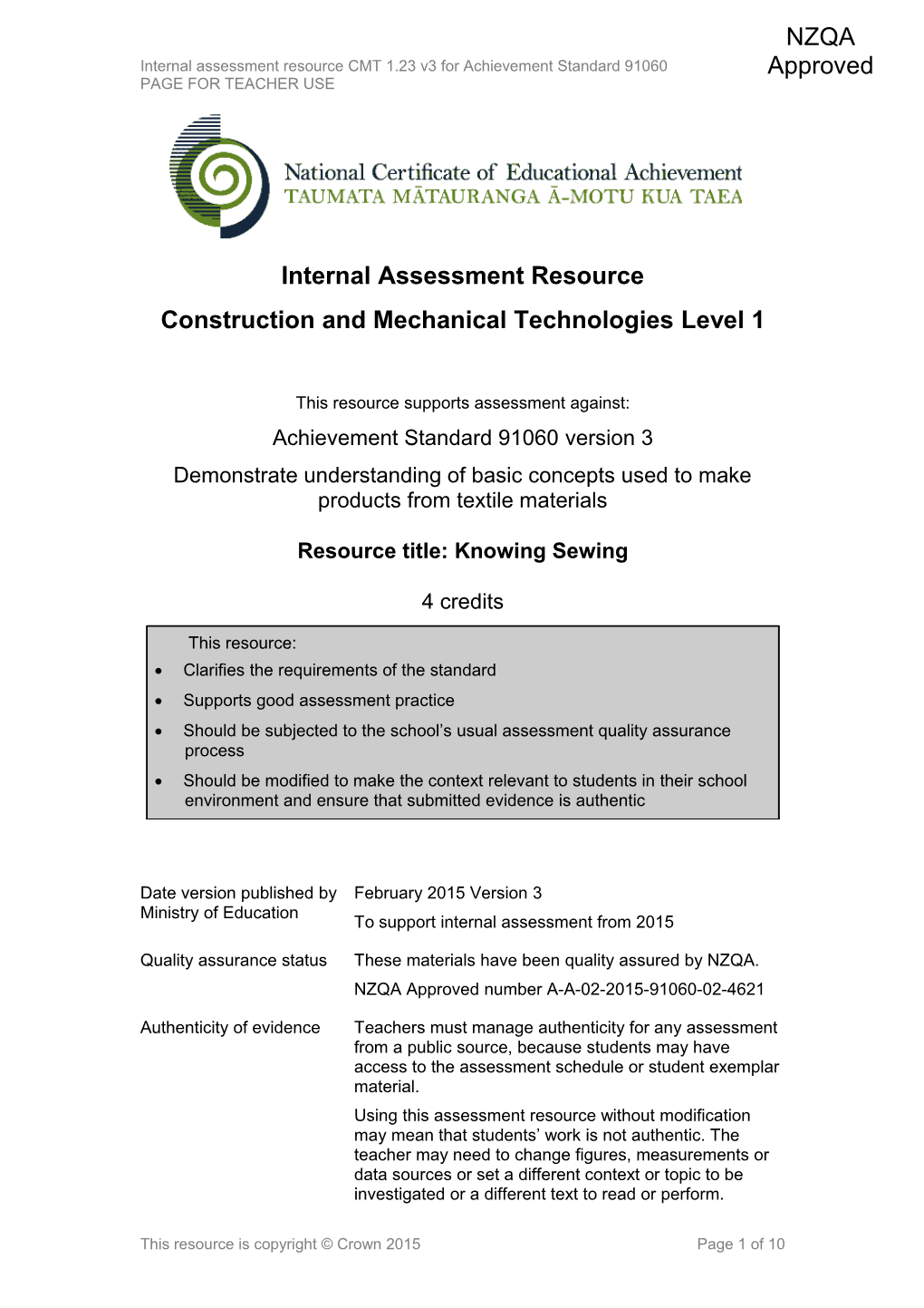 Level 1 Construction and Mechanical Technologies Internal Assessment Resource