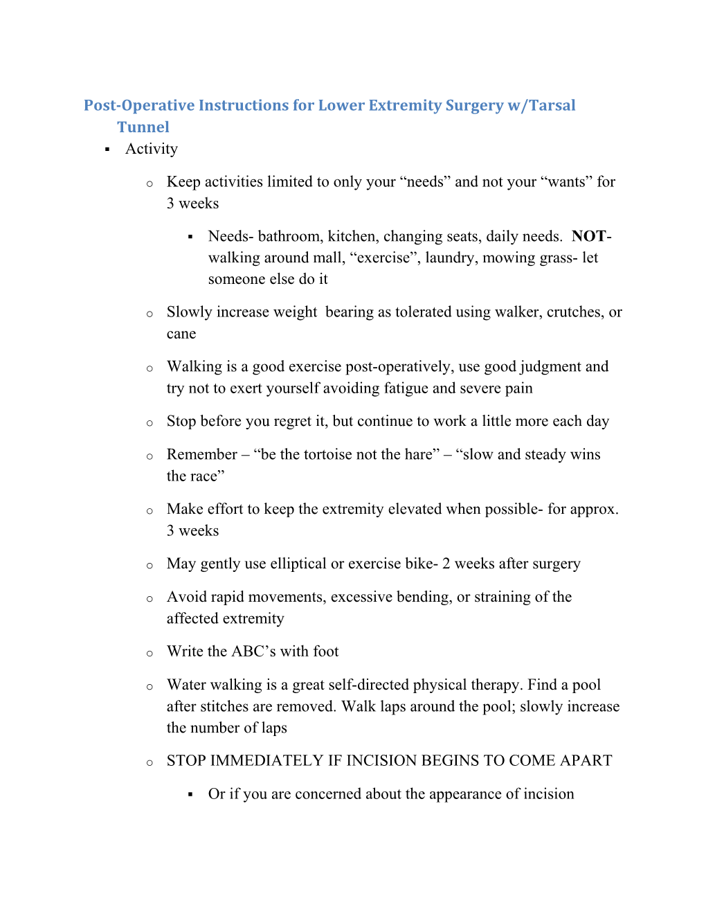 Post-Operative Instructions for Lower Extremity Surgery W/Tarsal Tunnel