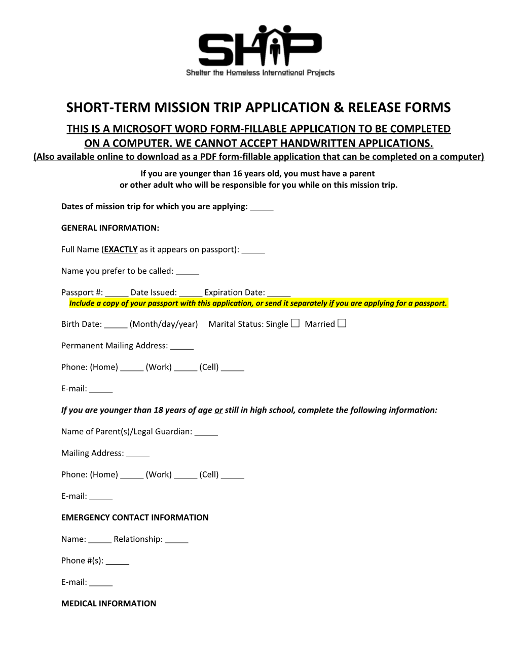 Short-Term Mission Trip Application & Release Forms