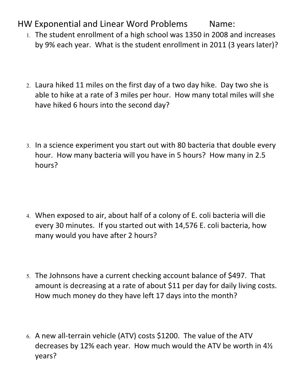 HW Exponential and Linear Word Problems Name