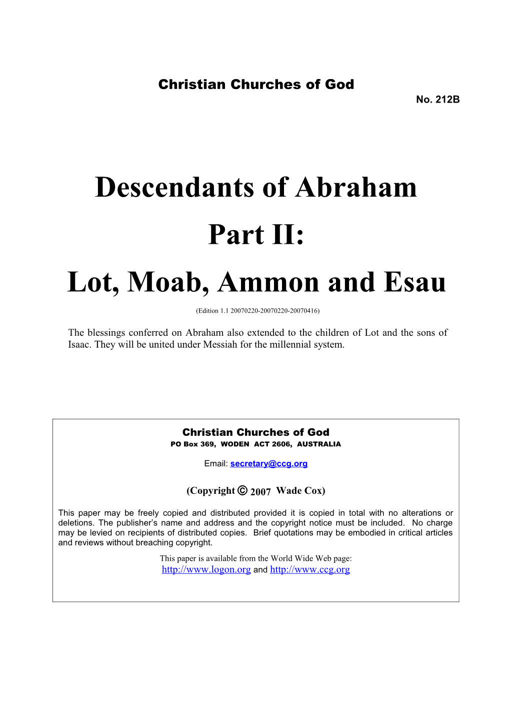 Descendants of Abraham Part II: Lot, Moab, Ammon and Esau (No. 212B)