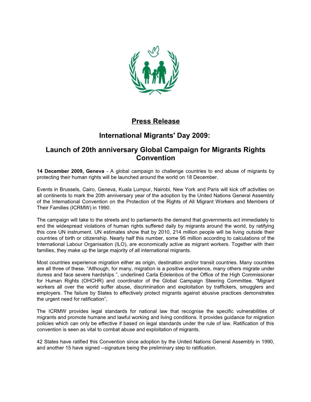 Launch of 20Th Anniversary Global Campaign for Migrants Rights Convention