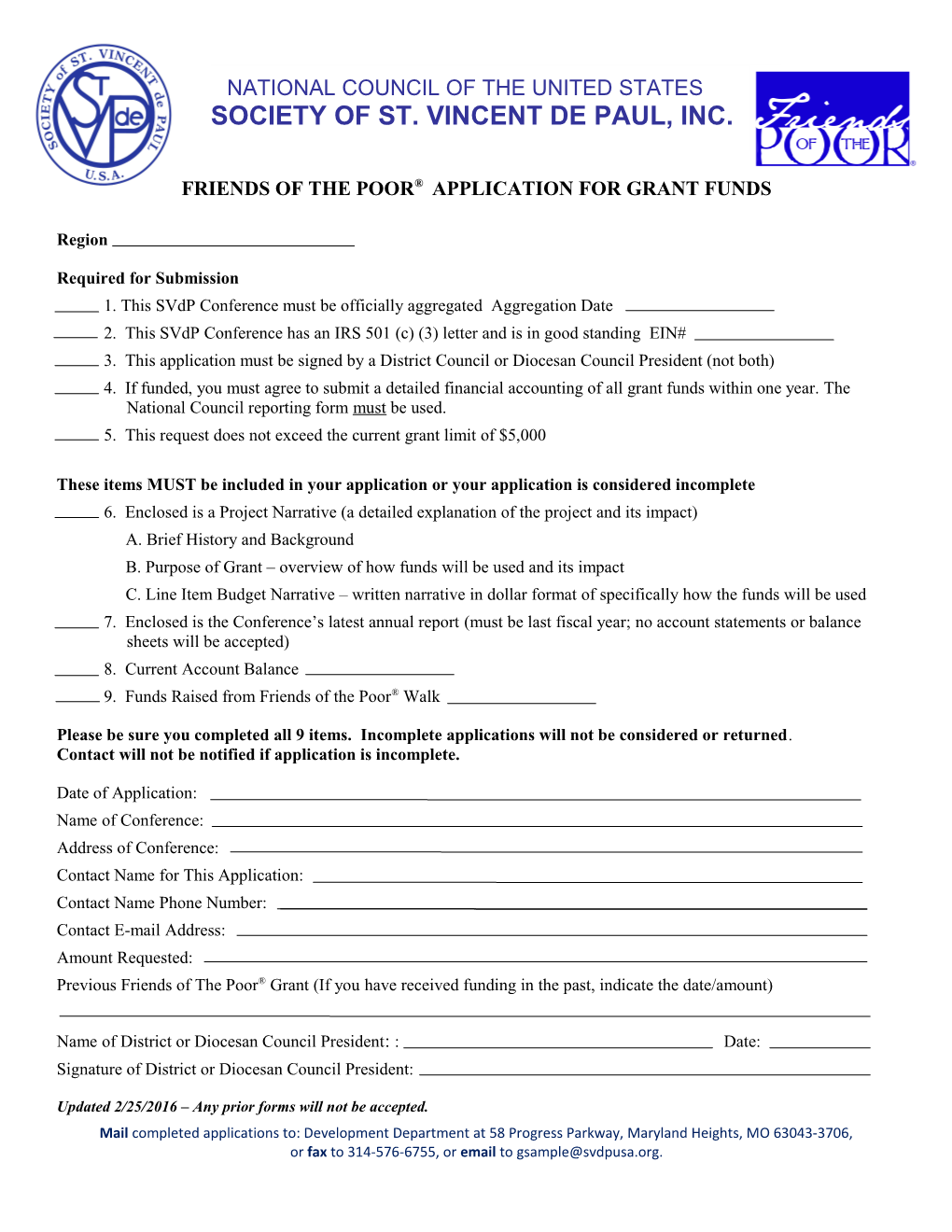 Friends of the Poor Application for Grant Funds