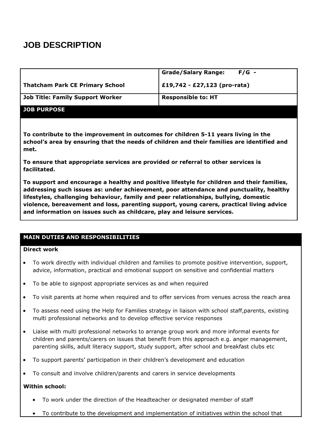 H: Recruitment Family Liaison Worker Job Description and Person Specification