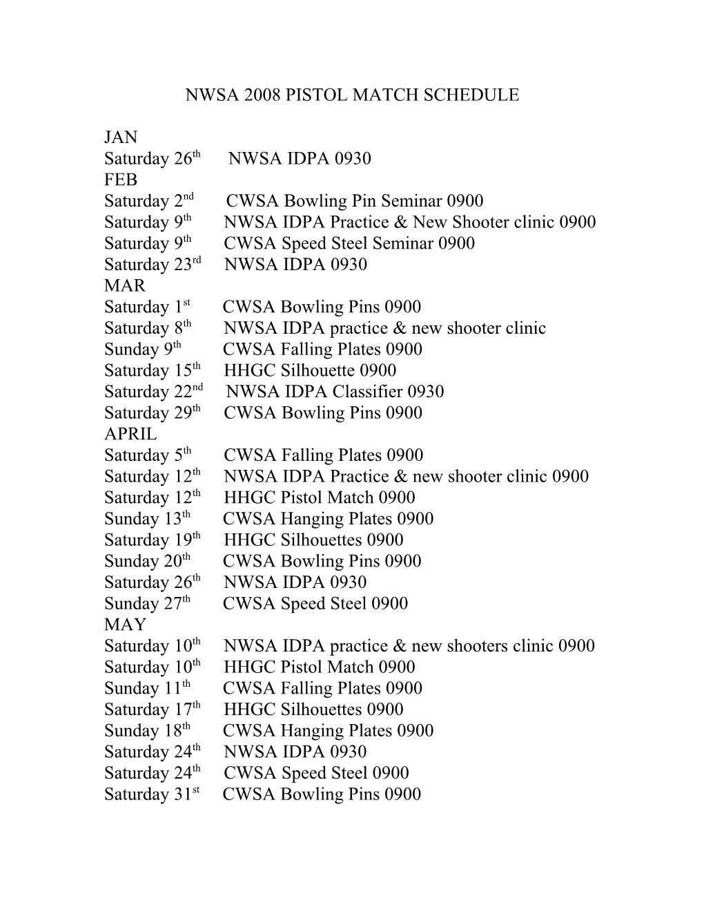 Nwsa 2008 Pistol Match Schedule