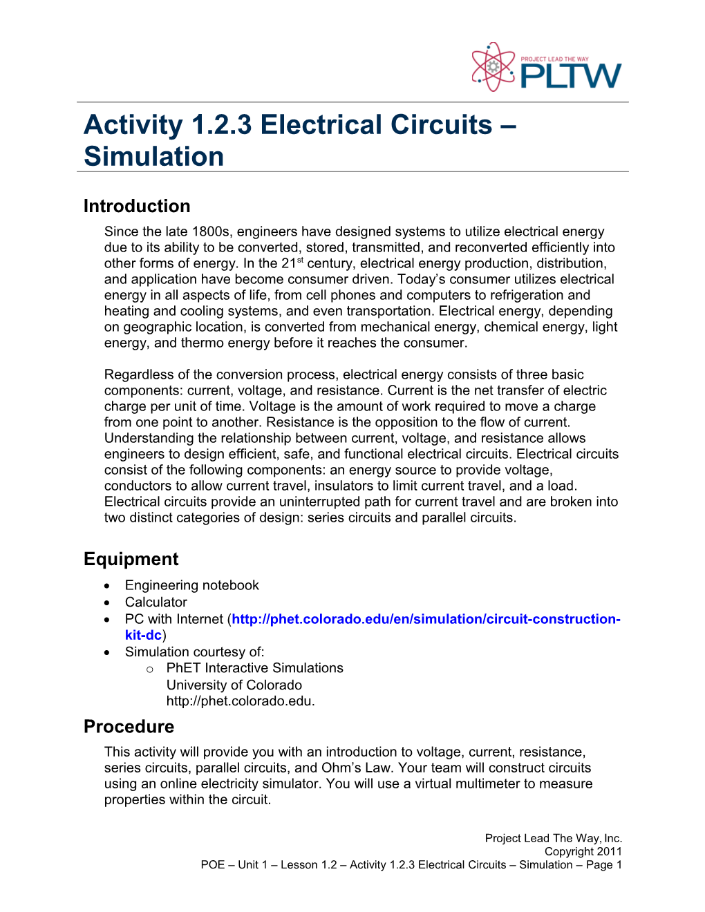 Activity 1.2.3 Electrical Circuits Simulation