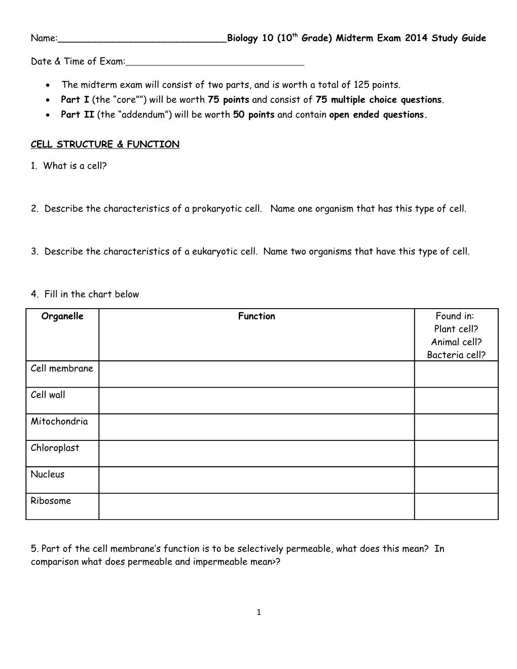 Name:______ Biology 10 (10Th Grade) Midterm Exam 2014 Study Guide