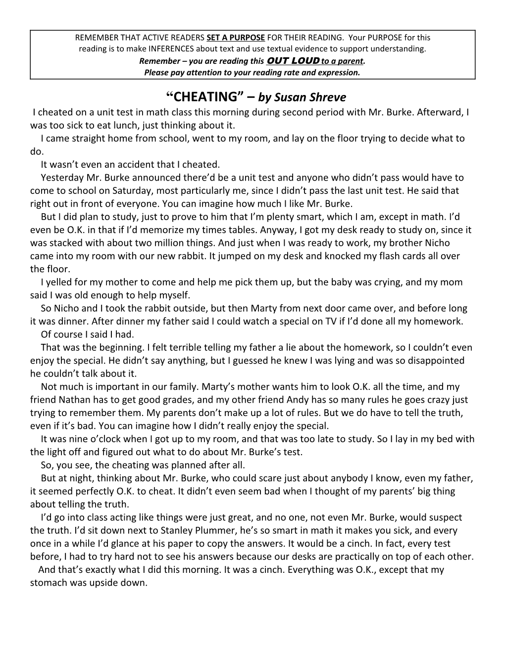 CHEATING by Susan Shreve