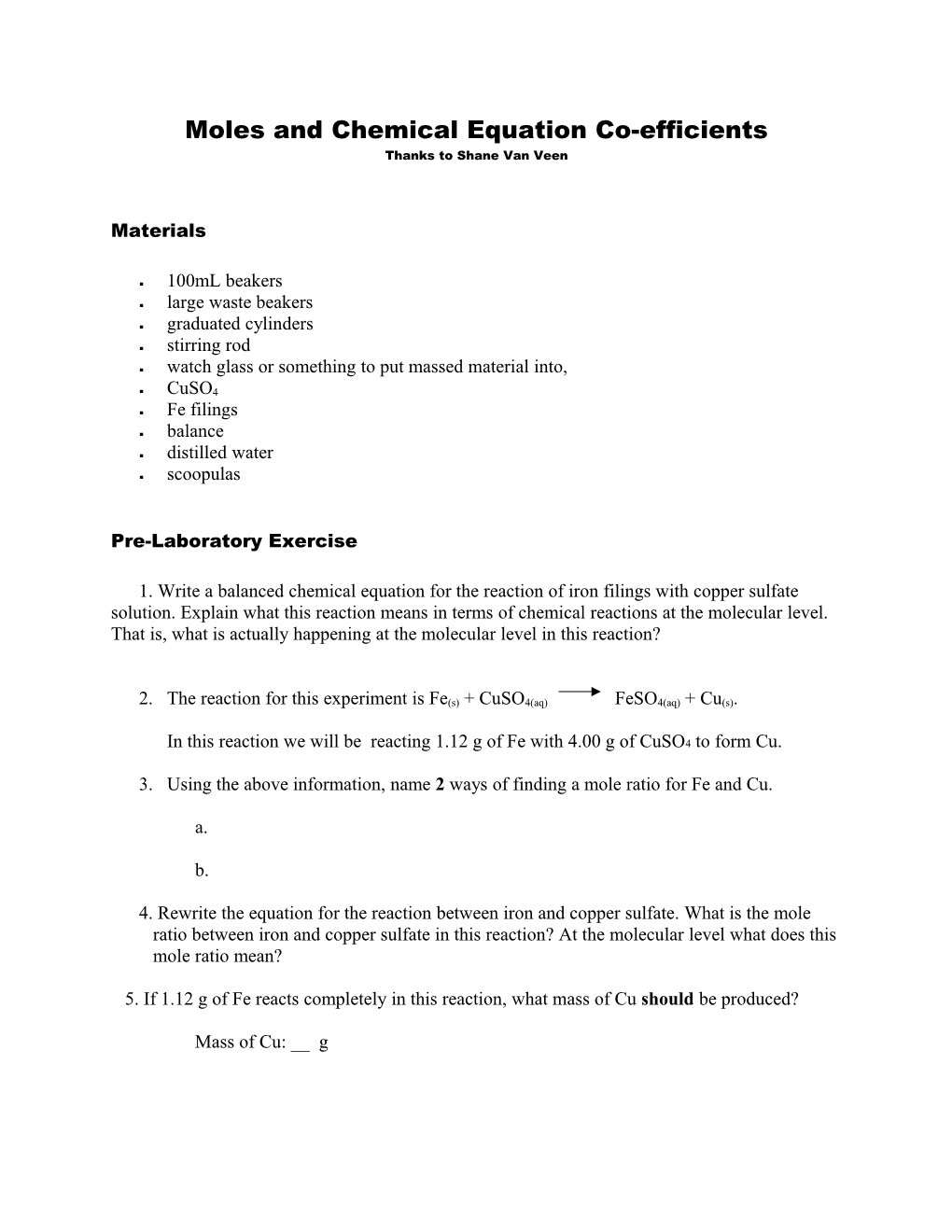 Moles and Chemical Equation