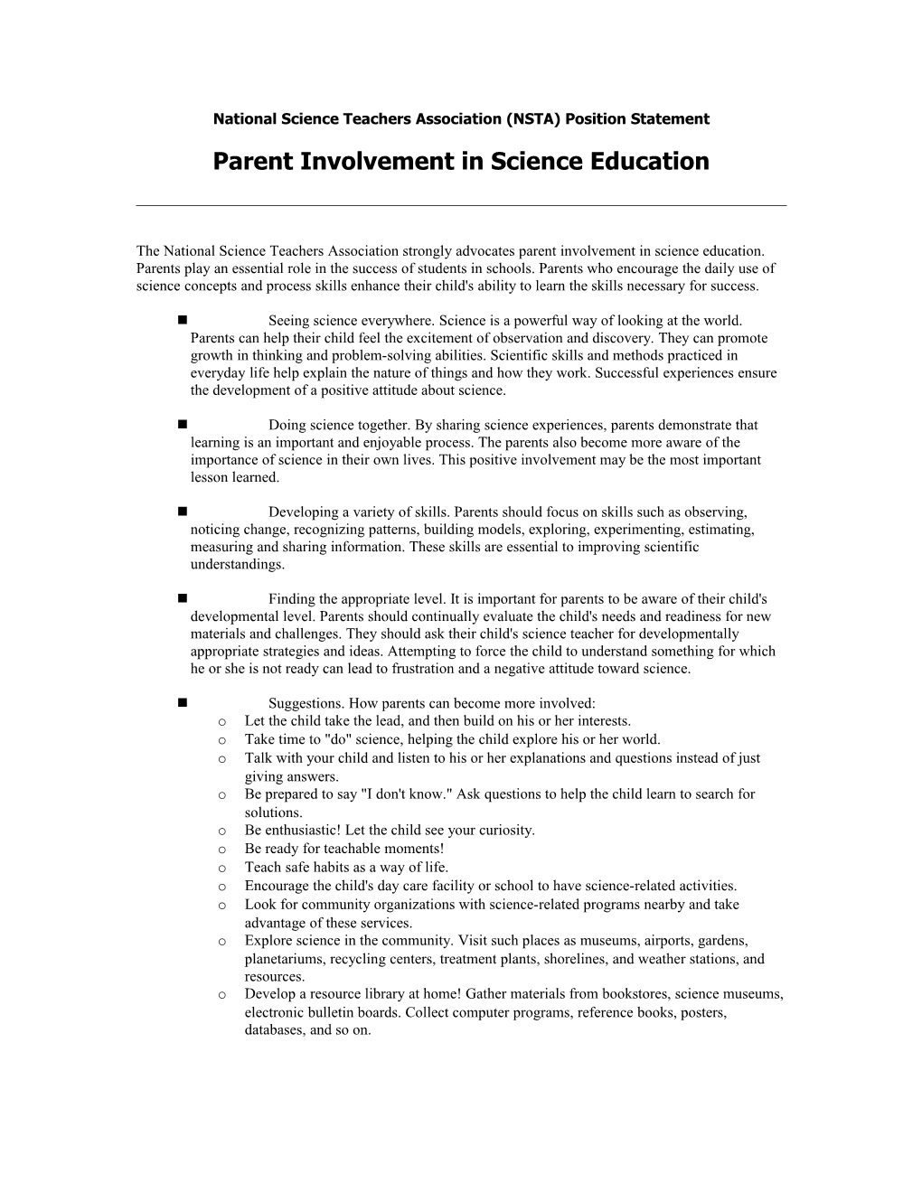 National Science Teachers Association (NSTA) Position Statement