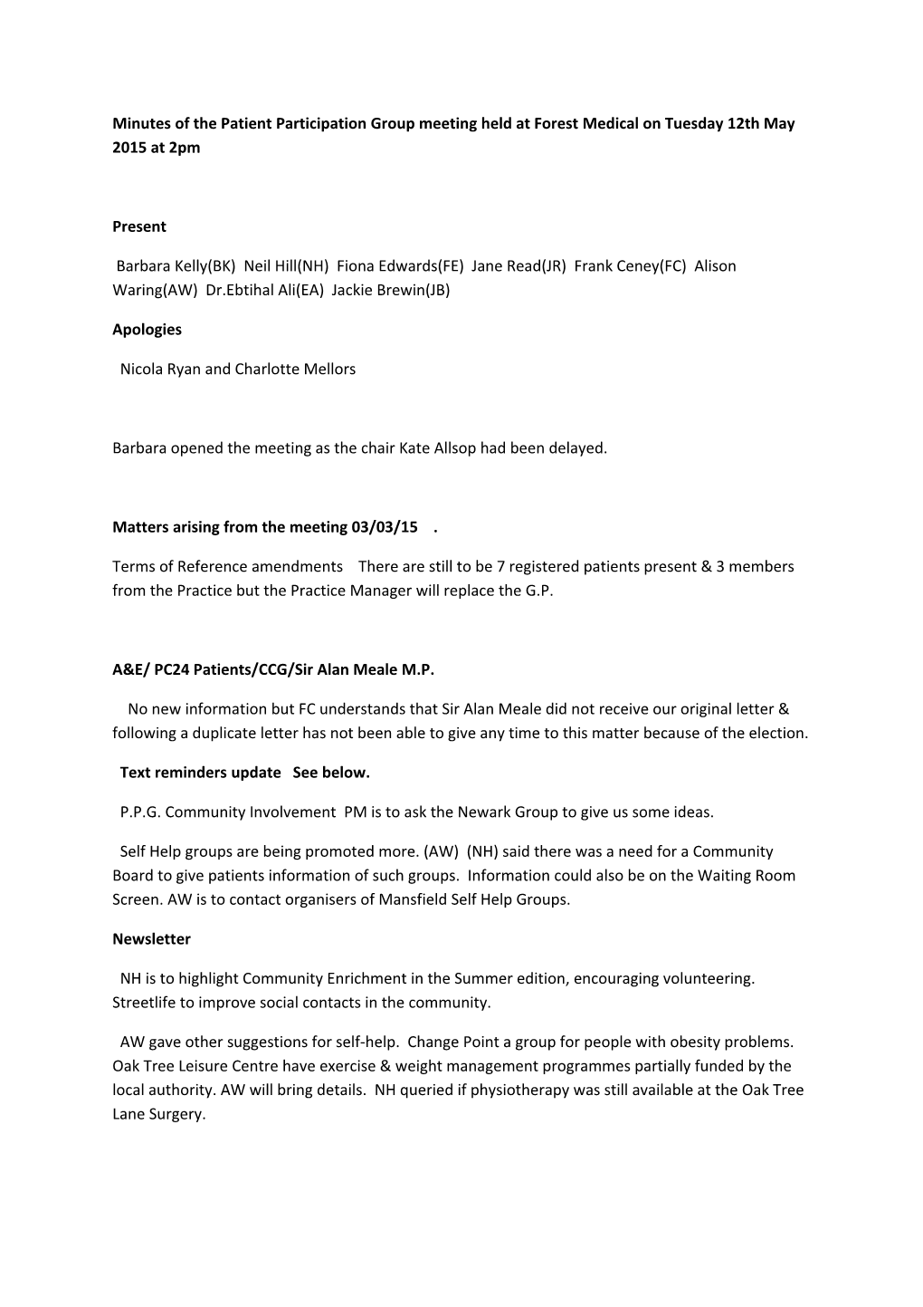 Minutes of the Patient Participation Group Meeting Held at Forest Medical on Tuesday 12Th