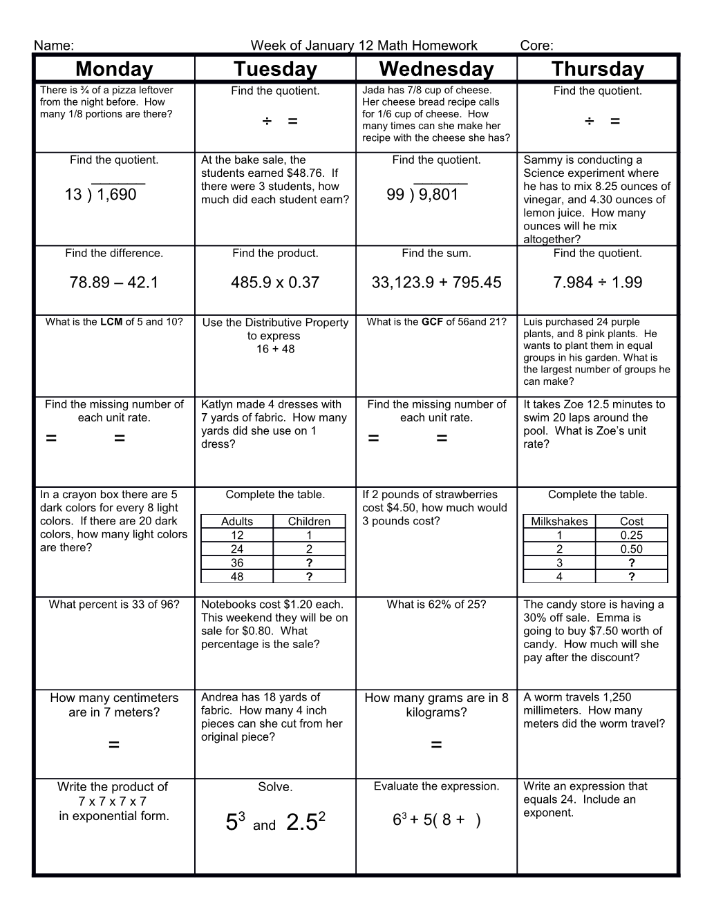 Weekly Homework Sheet s3