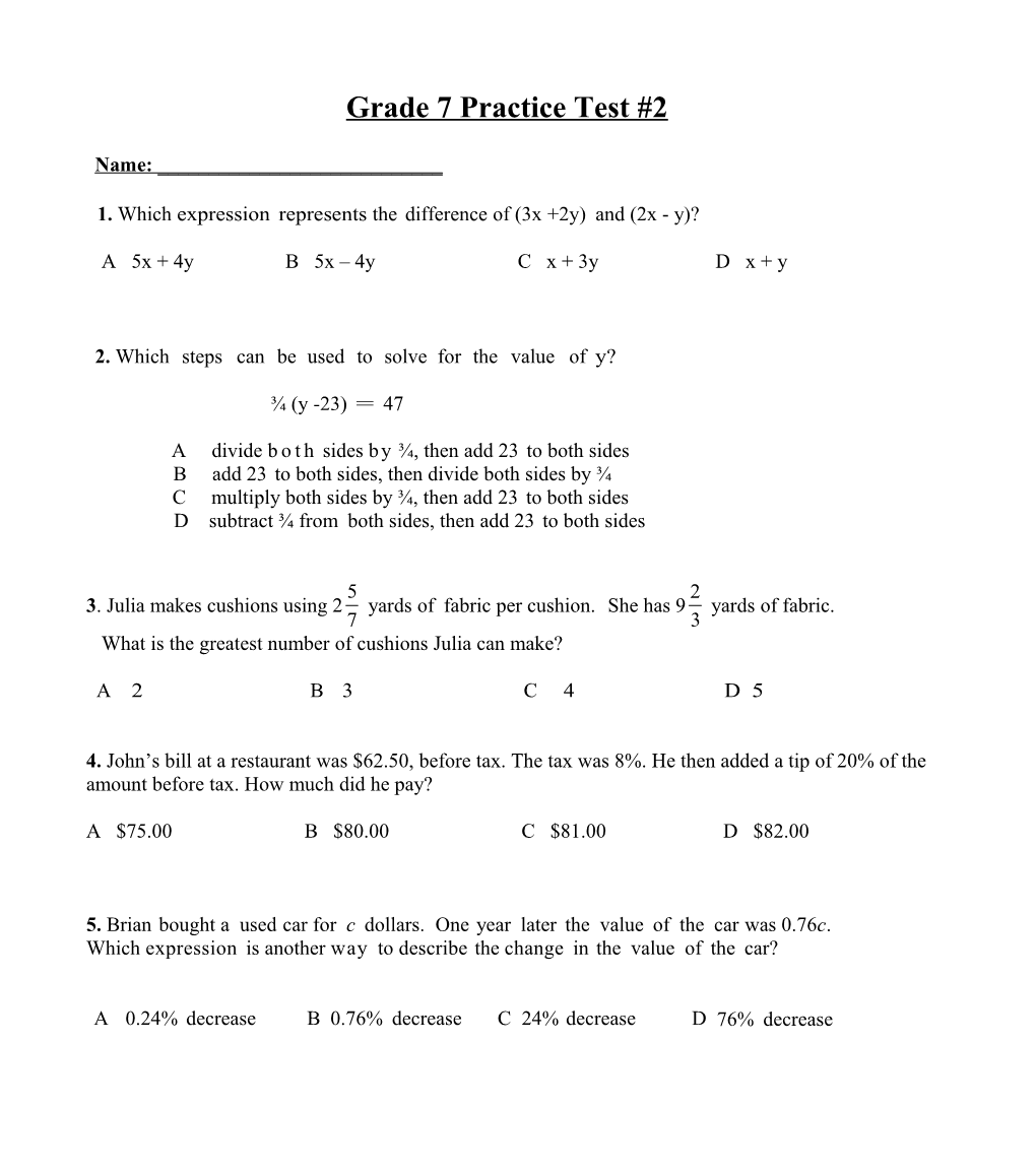 Grade 7 Practice Test #2