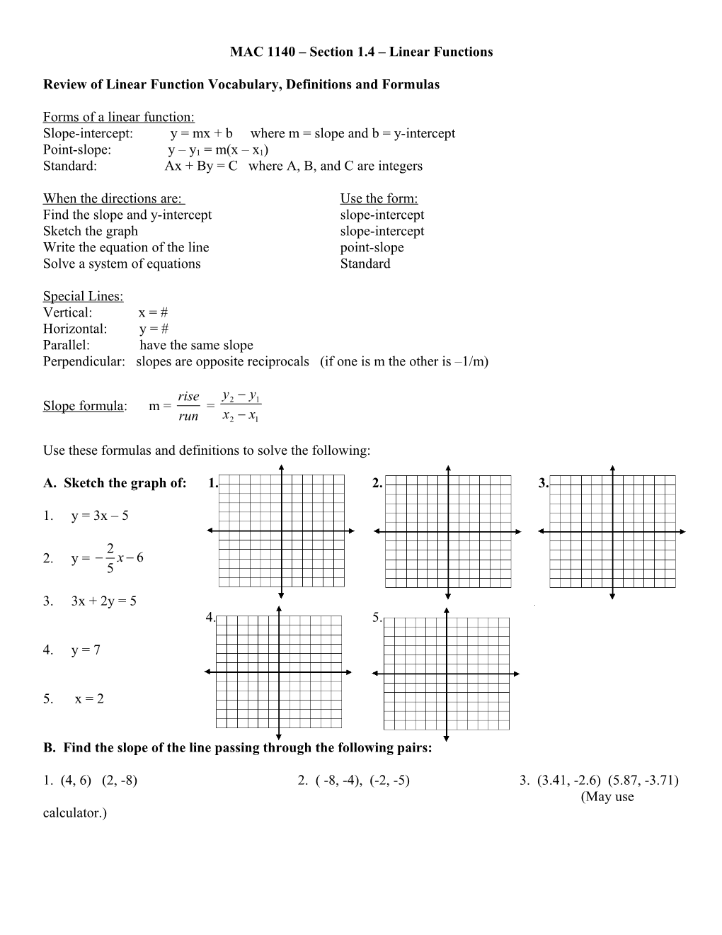 MAC 1140 Section 1.4 Linear Functions