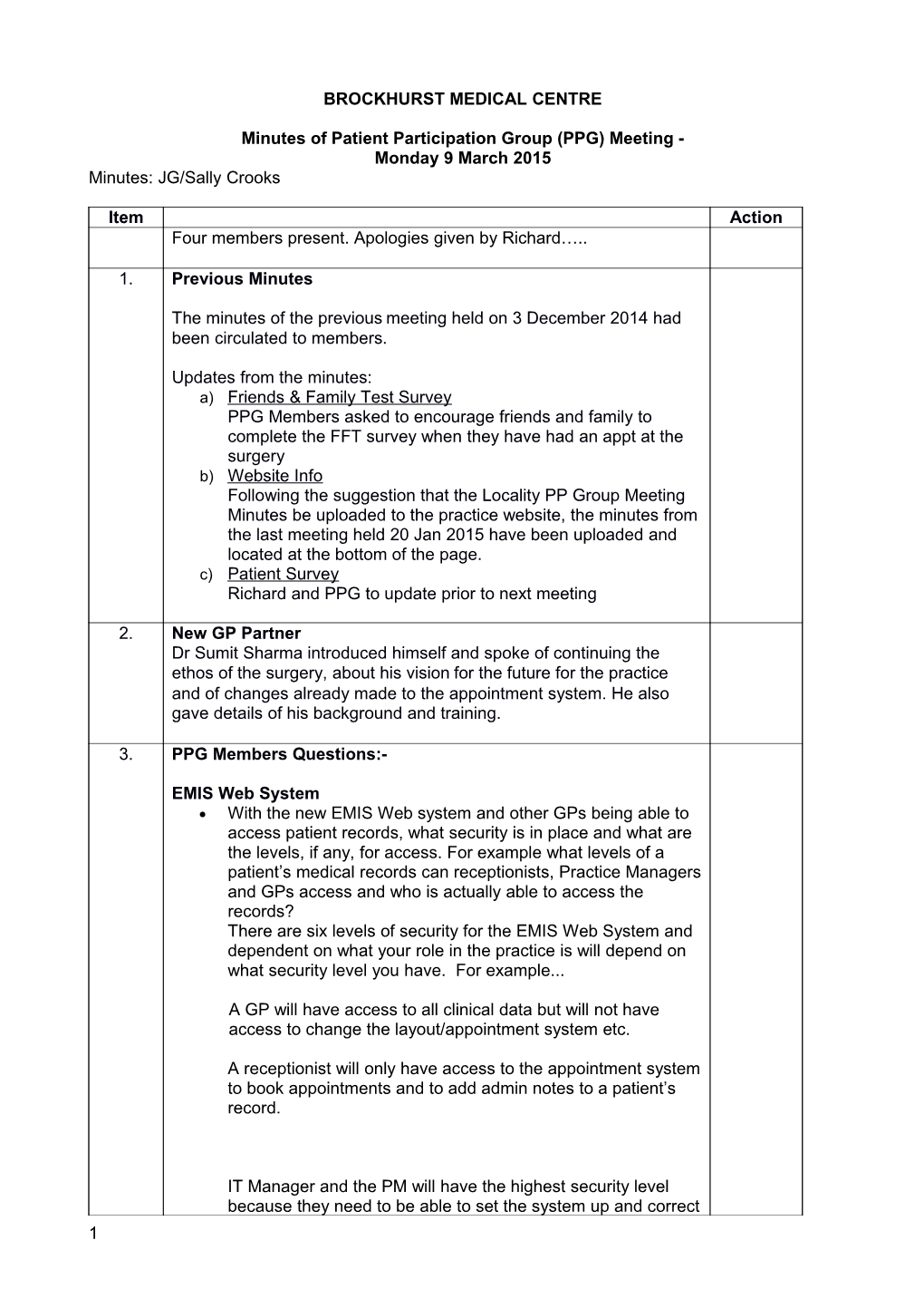 Minutes of Patient Participation Group (PPG) Meeting