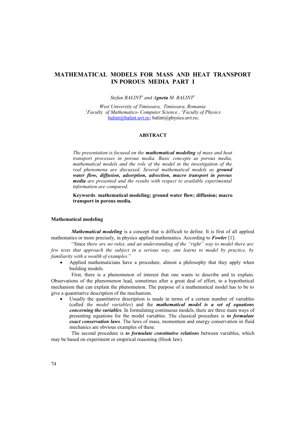 Mathematical Models for Mass and Heat Transport in Porous Media