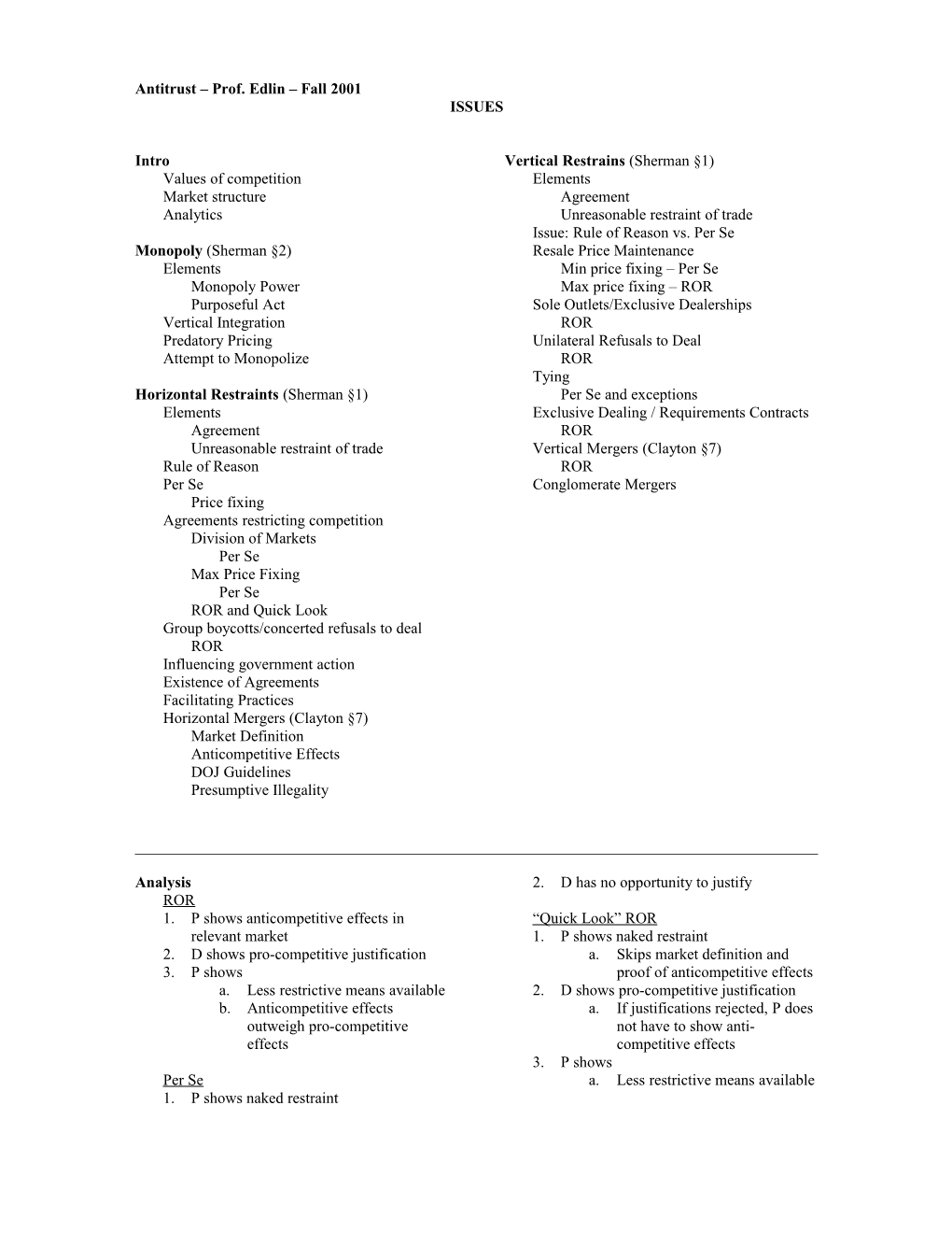 Antitrust Prof. Edlin Fall 2001