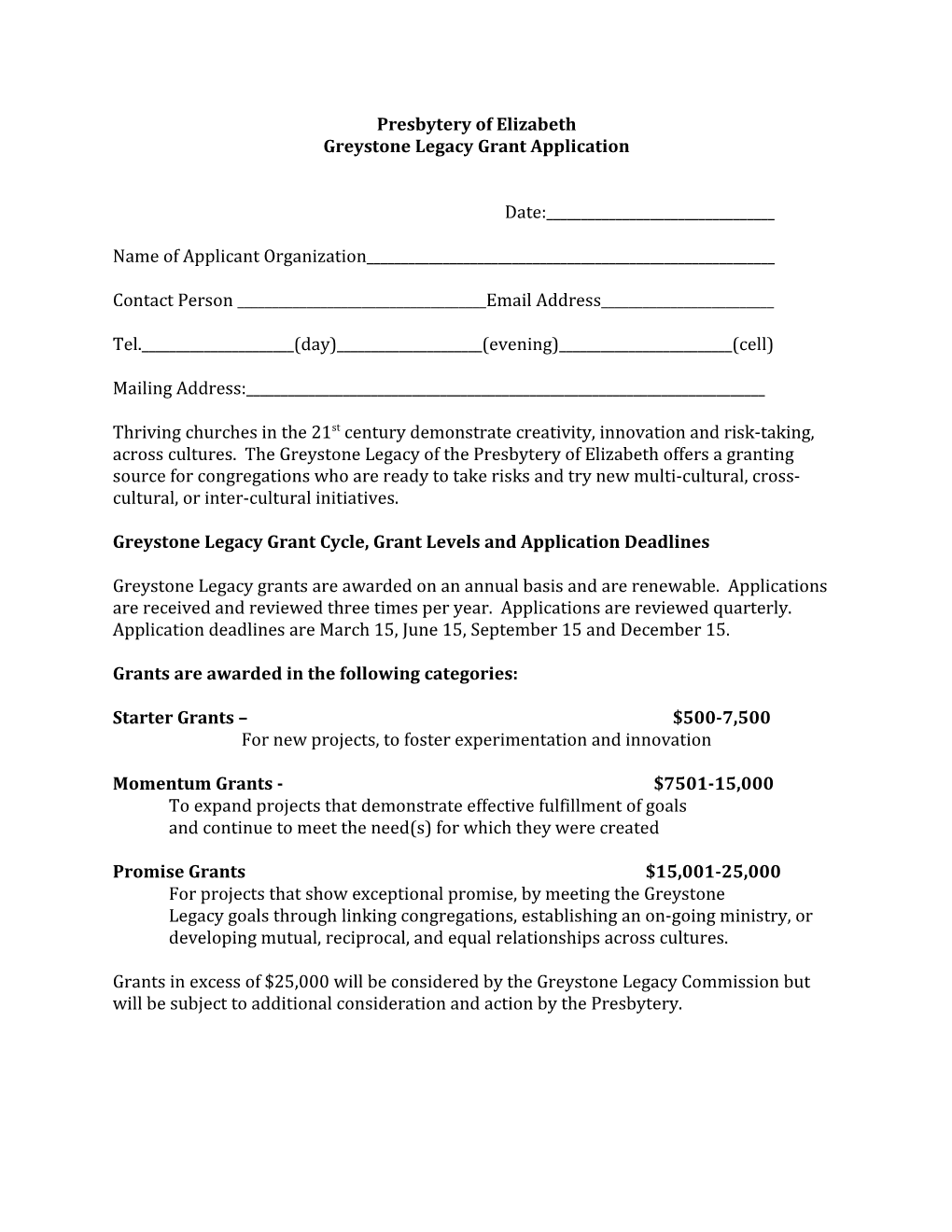 Greystone Legacy Grant Application