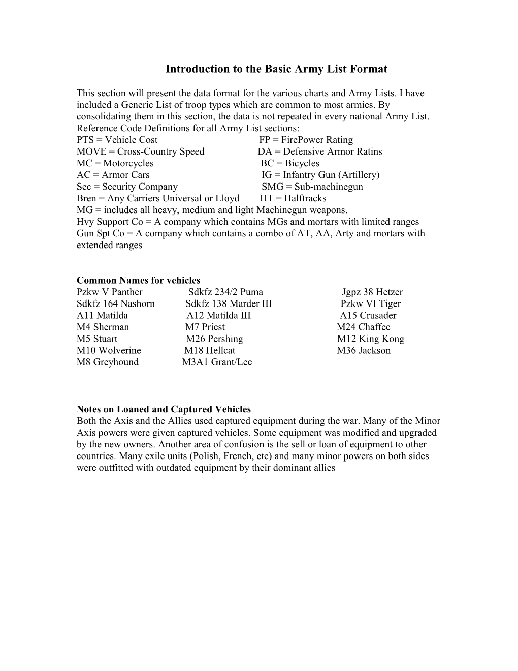 Introduction to the Basic Army List Format