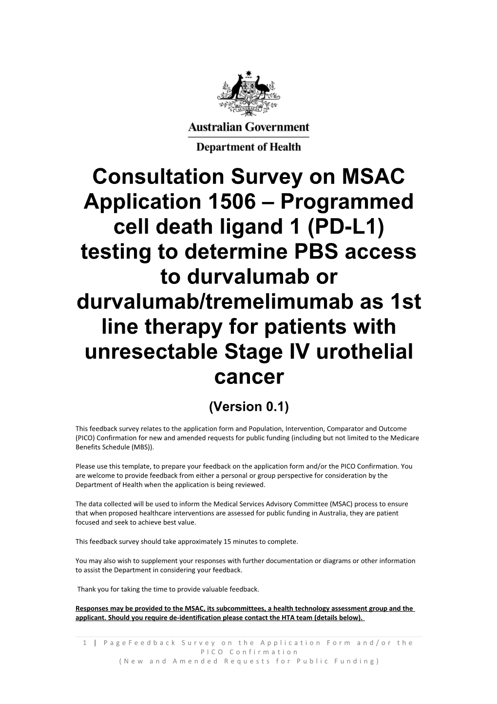 Consultation Survey on MSAC Application 1506 Programmed Cell Death Ligand 1 (PD-L1) Testing