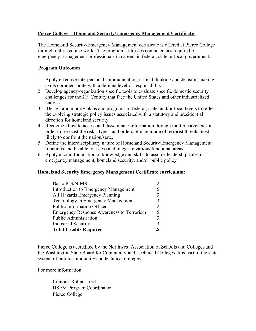 Pierce College Homeland Security Emergency Management Certificate