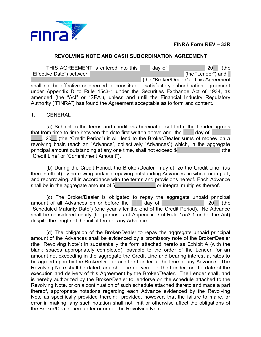 Revolving Note Andcash Subordination Agreement