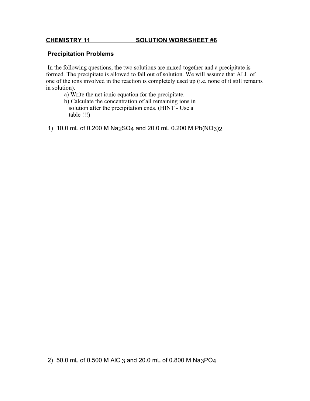 Chemistry 11 Solution Worksheet #4