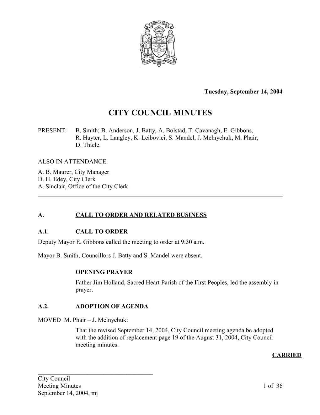 Minutes for City Council September 14, 2004 Meeting