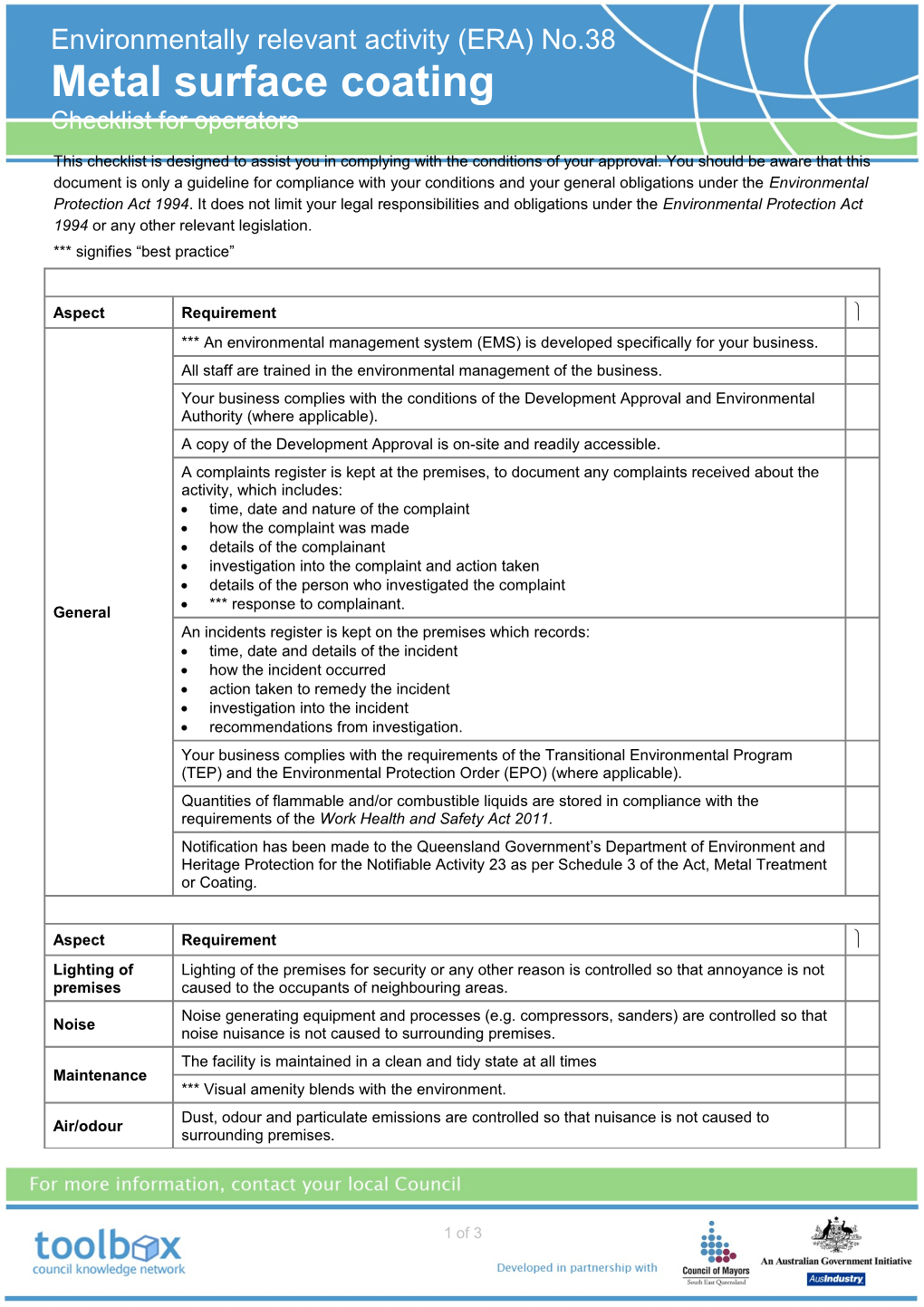 Operator Self Assessment Checklist - Surface Coating