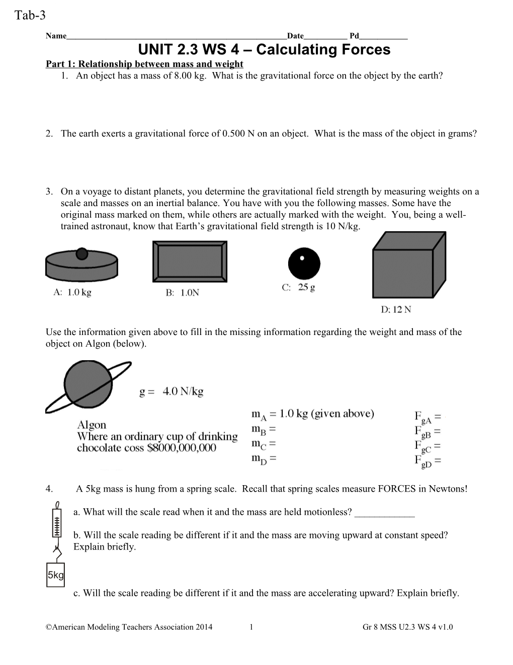 Part 1: Relationship Between Mass and Weight