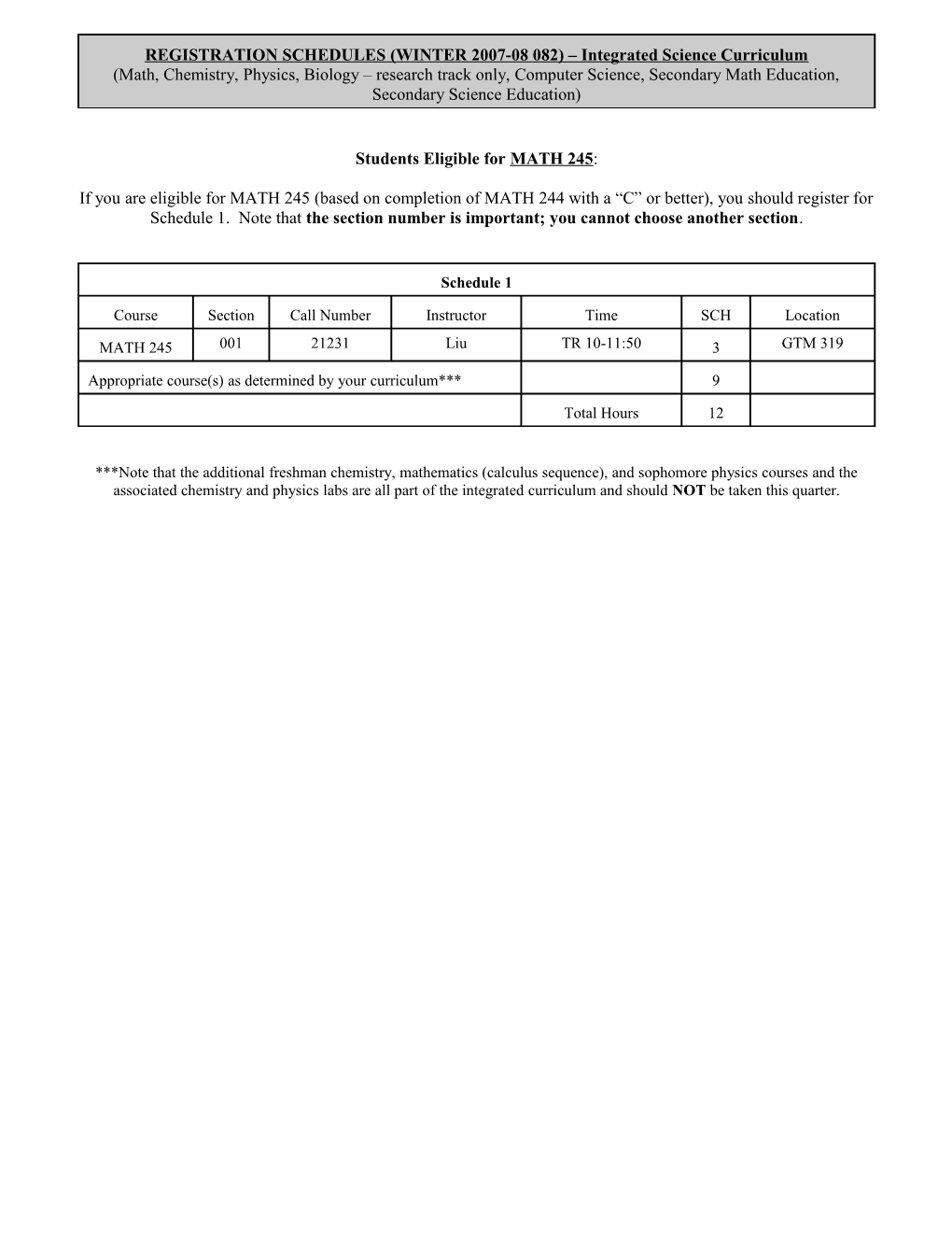 REGISTRATION SCHEDULES (WINTER 2003-2004 042) Integrated Science Curriculum