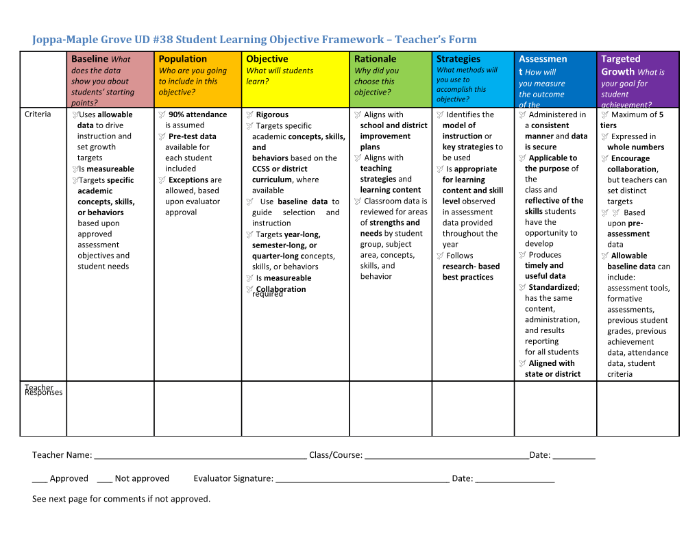 Joppa-Maple Grove UD #38 Student Learning Objective Framework Teacher S Form