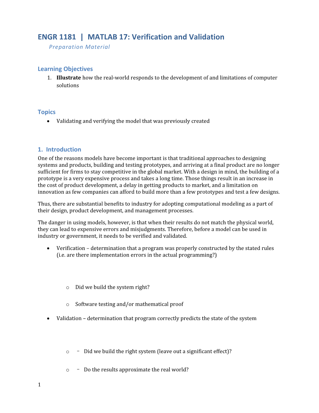 ENGR 1181 MATLAB 17: Verification and Validation Preparation Material