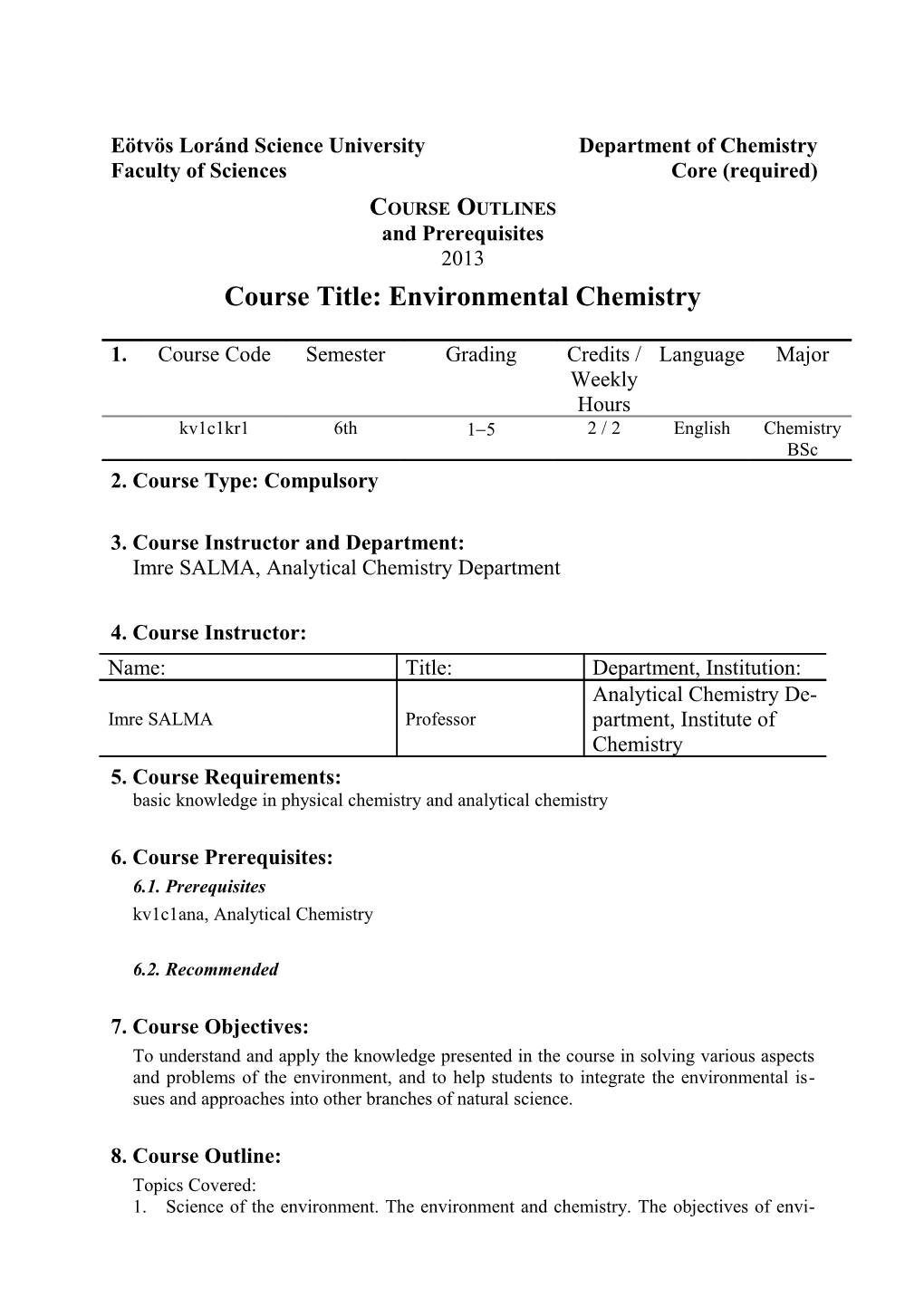 Course Title: Environmental Chemistry