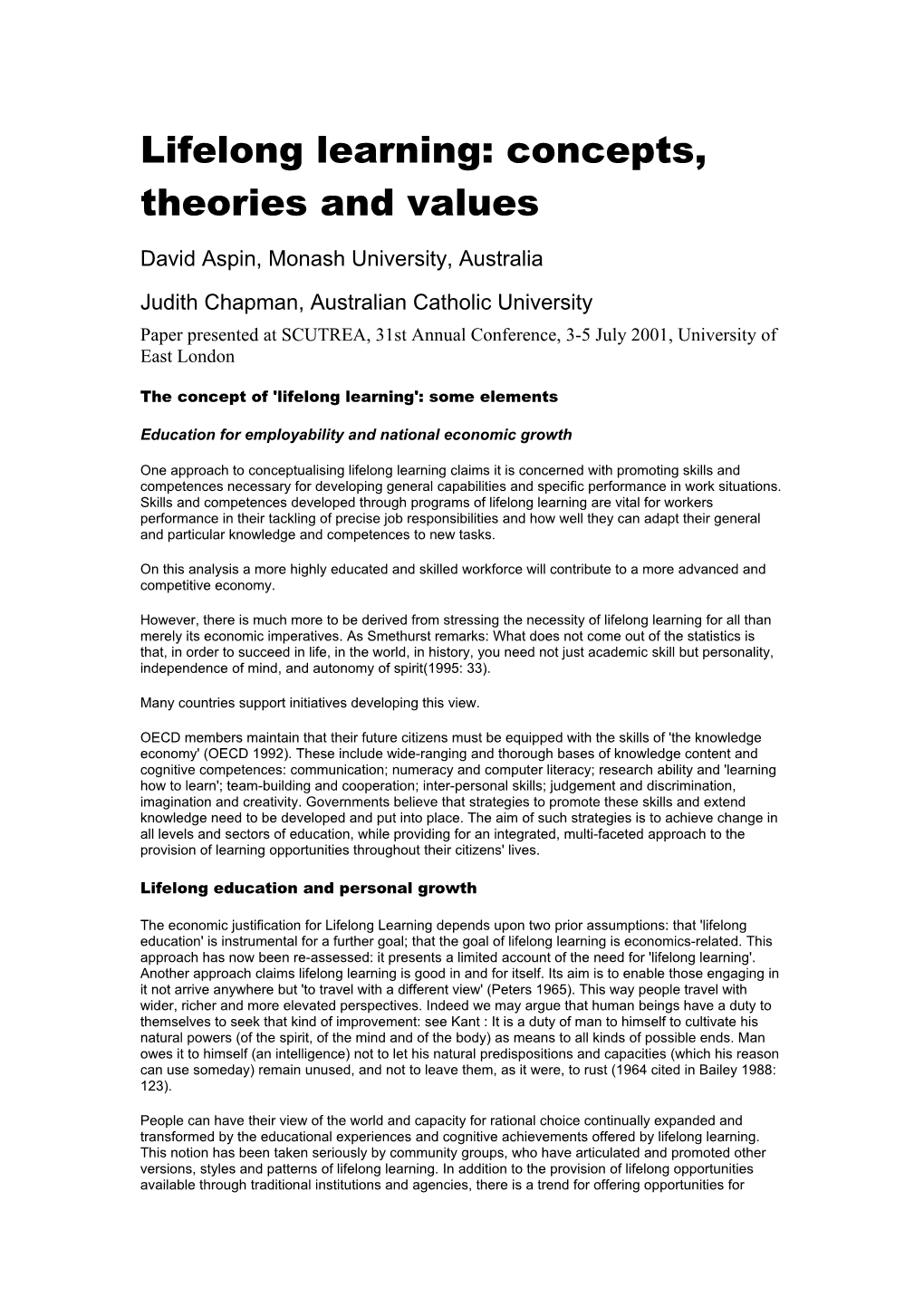 Lifelong Learning: Concepts, Theories and Values